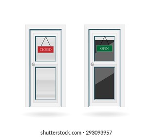 Front doors with open/closed signs in flat design style isolated on white.Vector illustration.