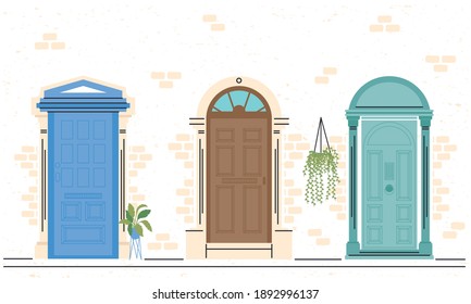 Vordertüren mit Pflanzen Symbol-Paket Design, Haus-Eingang Dekoration Gebäude Vektorgrafik