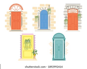 front doors with plants icon set design, House home entrance decoration building theme Vector illustration