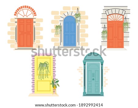 front doors with plants icon set design, House home entrance decoration building theme Vector illustration