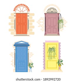 puertas delanteras con diseño de conjunto de plantas, vivienda decoración del edificio de entrada tema Vector ilustración