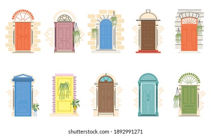 front doors with plants symbol collection design, House home entrance decoration building theme Vector illustration