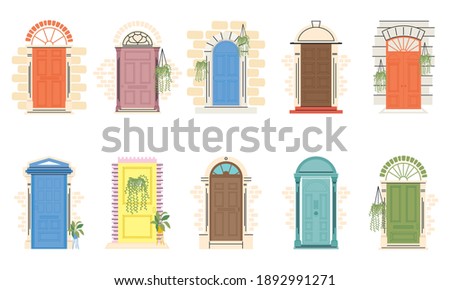 front doors with plants symbol collection design, House home entrance decoration building theme Vector illustration