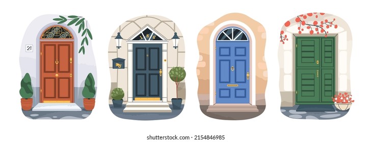 Front doors of residential houses. Home entrances exteriors. Outside of doorways with plants, decoration, mailbox. Different entries from street. Flat vector illustrations isolated on white background
