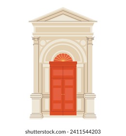 Front doors of residential houses. Home entrances exteriors. Outside of doorways luxury vintage antique. Different entries from street. Flat vector illustrations isolated on white background