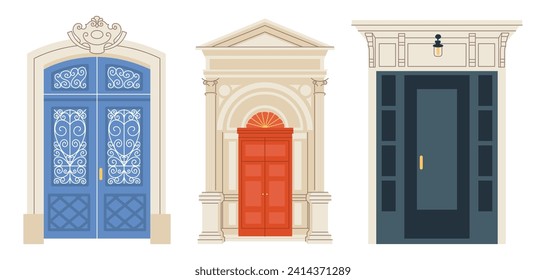 Front doors of residential houses. Home entrances exteriors. Outside of doorways luxury vintage antique. Different entries from street. Flat vector illustrations isolated on white background