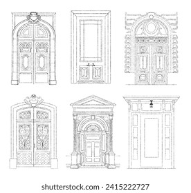 Front doors of residential houses. Home entrances exteriors. Outside doorways luxury vintage antique. Different entries from street. Line art sketch vector illustrations isolated on white background