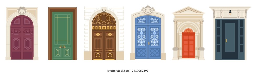 Front doors of residential houses. Home entrances exteriors. Outside of doorways luxury vintage antique. Different entries from street. Flat vector illustrations isolated on white background