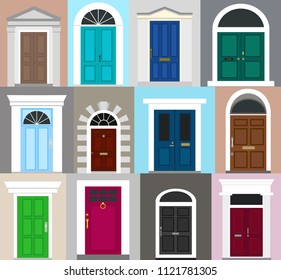 Front doors set. Facade. Flat design. Vector illustration.