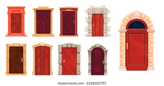 Front doors with stone doorway. Cartoon house entrance set with rock or marble frame. Vector facade exterior doors. Wooden luxury decorated gates with rocky doorjambs. Entry to hotel, cottage, mansion