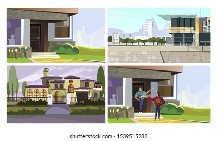 Front doors vector illustration set. Modern and traditional buildings, entrance, pizza delivery. Architecture concept