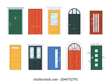 Front doors. Vector set of cartoon retro vintage house doorway. Home entrance isolated on white background. Exterior and interior 
elements for room or office decoration. Door with glass window.