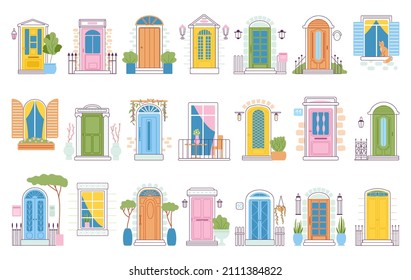 Front doors and windows. Cartoon flat entrance, house facades elements. Different door, windowsill with flowers. Isolated decorative enter, decent vector set