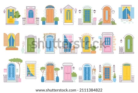 Front doors and windows. Cartoon flat entrance, house facades elements. Different door, windowsill with flowers. Isolated decorative enter, decent vector set