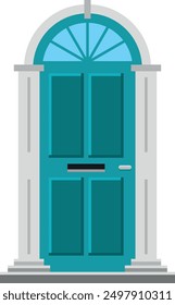 Front doorway color flat icon. Blue wooden entry