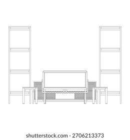Elevação frontal com um sofá centralizado de 2 lugares, mesa de café na frente, armário de TV como pano de fundo, com dois racks flanqueando o gabinete e dois banquinhos colocados perto da área de estar.