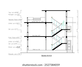 Sección de Plan de la casa de elevación frontal en la puerta del nivel del dintel x-x   Nivel de habilidad Nivel de parapeto superior