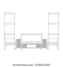 Elevação frontal mostrando um sofá centrado na frente, uma mesa de café abaixo da moldura, e um longo armário de TV atrás com um rack vertical ao lado, ilustrando proporções e equilíbrio visual.
