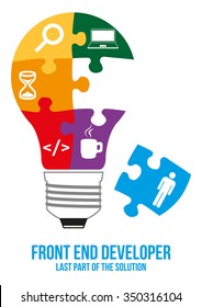 Front end developer design concept. Light bulb composed of interconnected puzzles with different components of programming. Last piece is missed - that will complete picture - last part of solution.