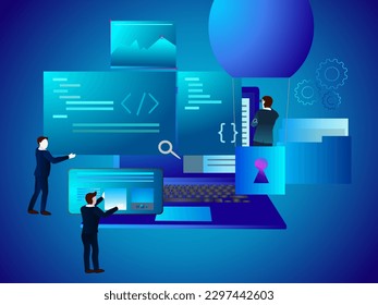 Front end developer during work. Illustration of function Content Management System and front end development, concept cms administration, vector template landing page. 