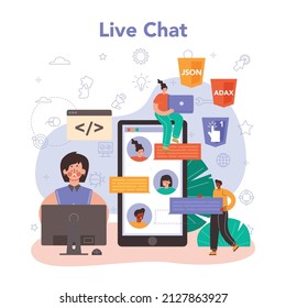 Front end developer online service or platform. Website interface design improvement. Responsive design development. Online live chat. Flat vector illustration