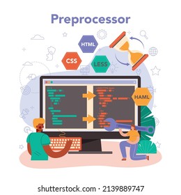 Front end developer online service or platform. Website interface design improvement. Responsive design development. Preprocessor. Flat vector illustration