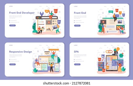 Front end developer web banner or landing page set. Website interface design improvement. Responsive design development. Web page programming. IT profession. Isolated flat vector illustration