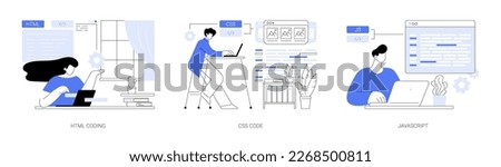 Front end development abstract concept vector illustration set. HTML coding, CSS code, Javascript coding, embed images and videos, IT project, client-side development abstract metaphor.
