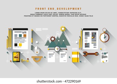 Front end development of application programming, client web software and testing. Flat, line design graphic image concept, website elements layout, one page web design template with thin line icons.