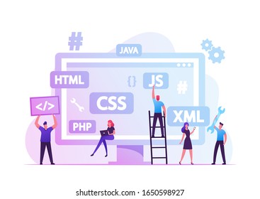 Front End Development Concept. Developers Create Web Interface, Coding and Programming on Computer. Professional Expert Html Data Base Structure, Java Script Code. Cartoon Flat Vector Illustration