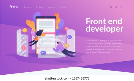 Front end development it concept. Software development process.Website interface UI template. Landing web page with infographic concept creative hero header image.