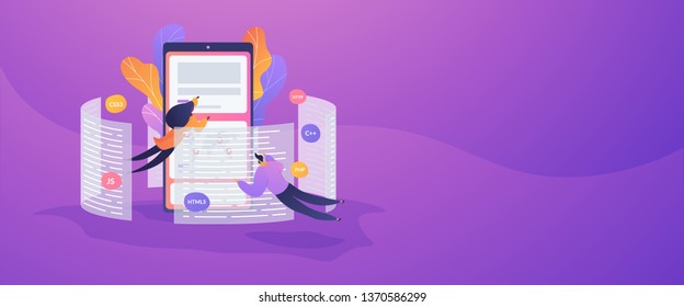 Front end development it concept. Software development process. Vector banner template for social media with text copy space and infographic concept illustration.