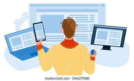 Front End Development Developer Occupation Vector. Young Man Working At Computer, Front End Development Professional Business. Character Boy It Worker Developing Flat Cartoon Illustration