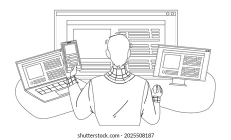 Front End Development Developer Occupation Black Line Pencil Drawing Vector. Young Man Working At Computer, Front End Development Professional Business. Character Boy It Worker Developing Illustration