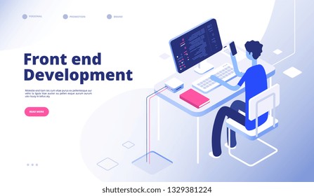 Front End Development. Developer Programmer Person Develop Computer Phone Website Interface Dashboard Futuristic Landing Vector Page