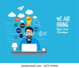 Front End Development a guy creating  web application, website creating concept. Developer working at a laptop. Flat style and icons in background illustration.