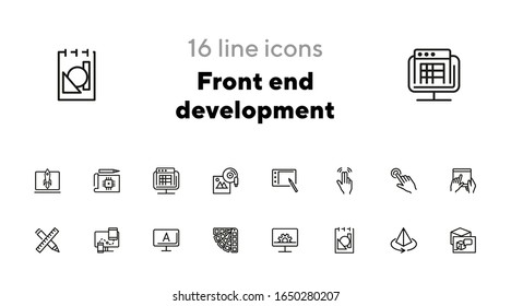 Front end development icon set. Line icons collection on white background. Palette, gadget, interface. Graphic design concept. Can be used for topics like technology, screen, drawing