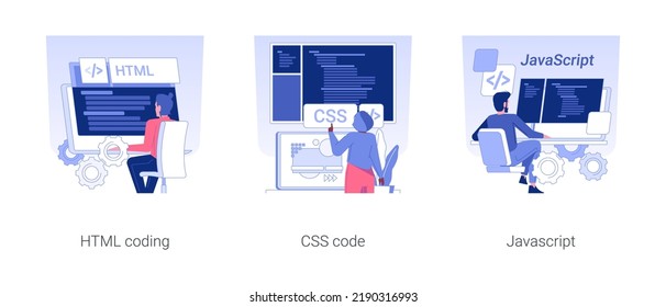 Front end development isolated concept vector illustration set. HTML coding, CSS code, Javascript coding, embed images and videos, IT project, client-side development vector cartoon.