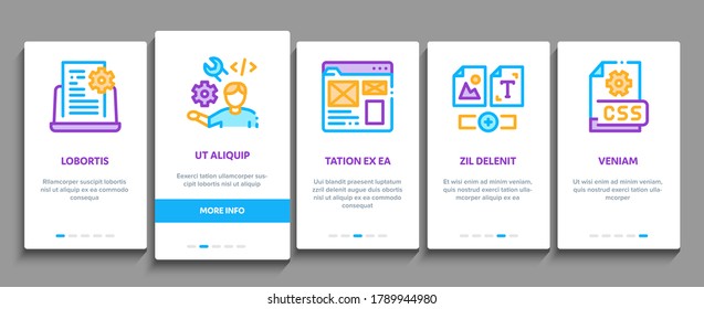 Front End Development Onboarding Mobile App Page Screen Vector. Front End It Sphere, Html And Css Code, Internet Web Site Design And Painting Illustrations