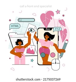 Front end development online service or platform. Website interface design improvement. Web page programming, coding and testing. Online call. Flat vector illustration