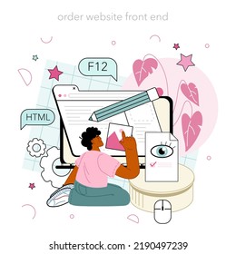Front end development online service or platform. Website interface design improvement. Web page programming, coding and testing. Online order. Flat vector illustration