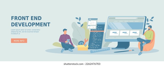 Front End development. The programmers is developing a website ui ux interface on monitor screen. Promotional web banner. Cartoon flat vector illustration with people characters.

