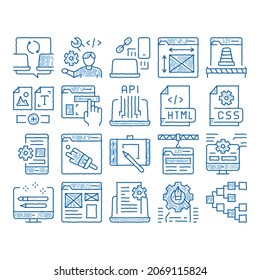 Skizze-Vektorgrafik des Front End-Designs Hand gezeichnete blaue doodle line art Front End it Sphere, HTML und CSS Code, Internet-Website-Design und Malerei Illustrationen