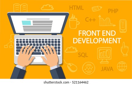 Front End Development, web application, website creating concept. Developer working at a laptop. Flat style and doodle icons in background, top view. Vector illustration.