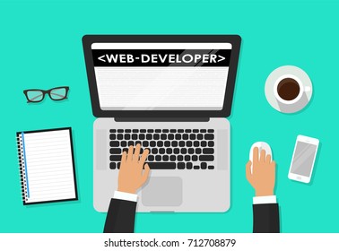 Front End Development, web application, website creating concept. Developer working at a laptop. Flat style and doodle icons in background, top view. Vector illustration