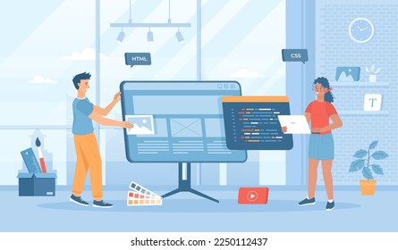 Front end development. Website interface, front end developer, web page design, user experience. Flat cartoon vector illustration with people characters for banner, website design or landing web page