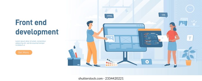 Front end development. Website interface, front end developer, web page design, user experience. Flat concept great for social media promotional material. Website banner on white background.