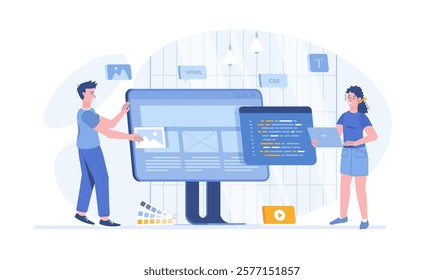 Front end development. Website interface, front end developer, web page design, user experience. Vector illustration with characters in flat design for web banner.	
