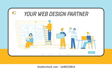 Página Inicial Do Site De Desenvolvimento Front-End. Desenvolvedores Criam Interface, Codificação e Programação em Estrutura de Banco de Dados Html Pc, Banner de Página Web Java Script. Ilustração de vetor plano de desenhos animados, arte de linha