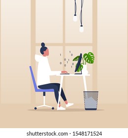 Front end development, young female character writing a binary code on a desktop computer in a modern office